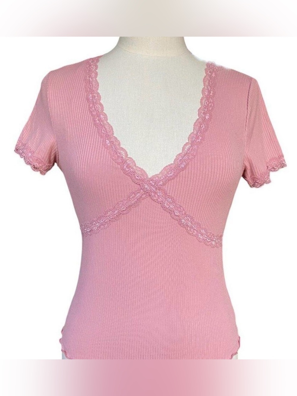 No Boundaries Pink Ribbed Lace-Trim Crossover Short Sleeve Top XL